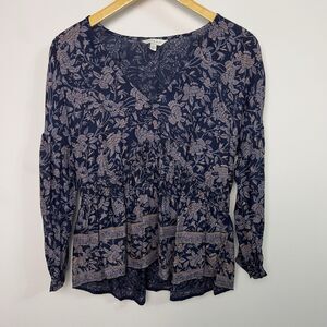 Lucky Brand Womens V-Neck Floral Peplum Top Stretch Cinched Small Blue Casual